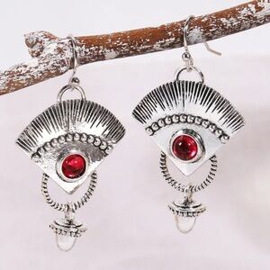 925 Silver Plated Red Synthetic Stone Engraved Scallop Earrings